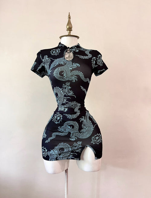 black dragon print bodycon mini dress with slit