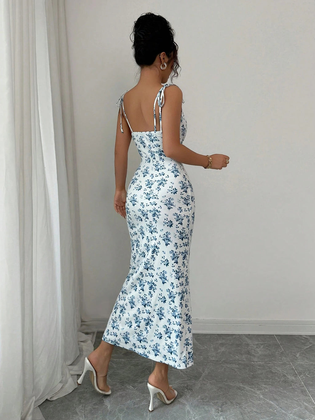 blue floral midi dress tie strap fitted summer dress women elegant slim dress-1