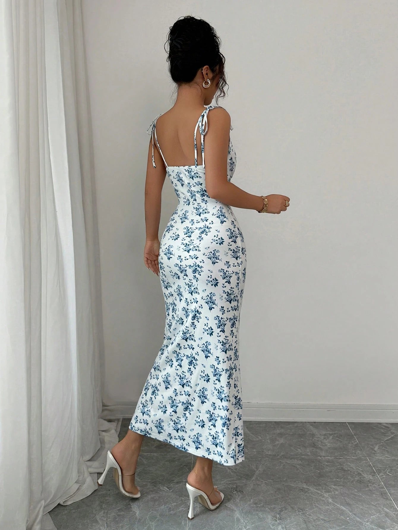 blue floral midi dress tie strap fitted summer dress women elegant slim dress-1
