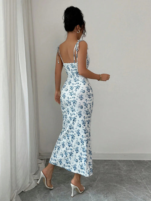 blue floral midi dress tie strap fitted summer dress women elegant slim dress-1