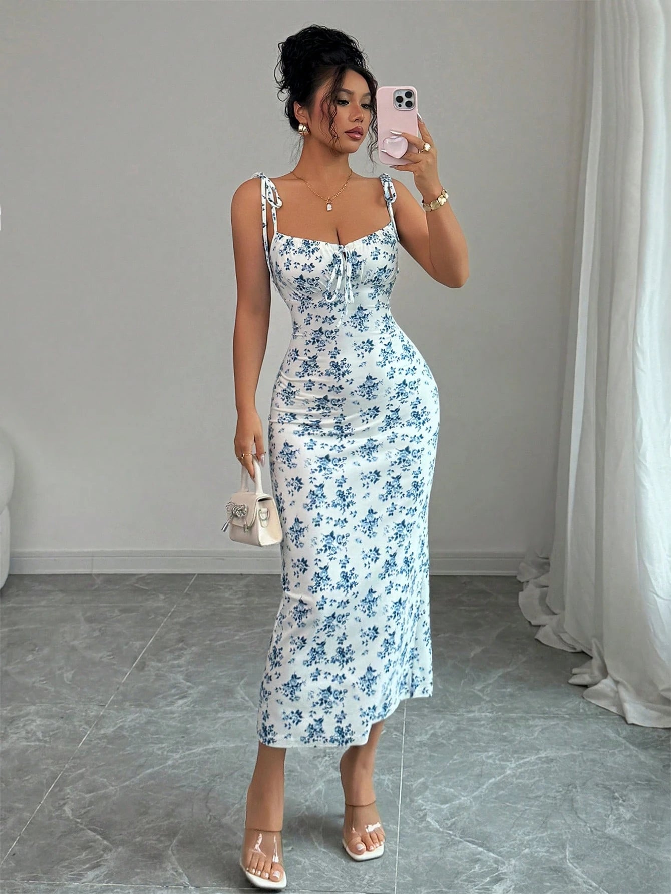 blue floral midi dress tie strap fitted summer dress women elegant slim dress-2