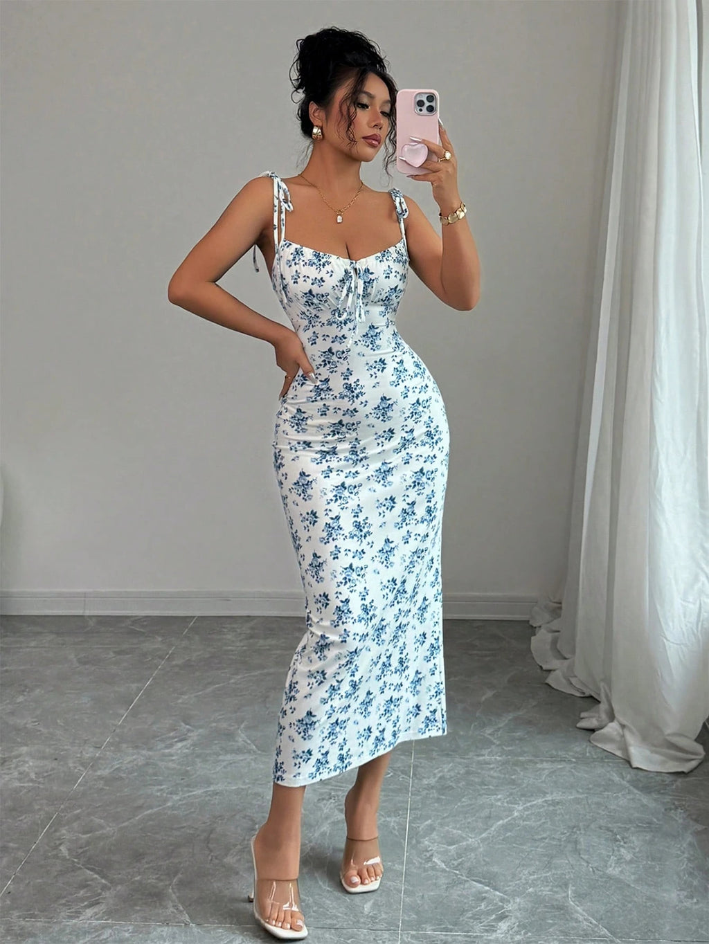 blue floral midi dress tie strap fitted summer dress women elegant slim dress-5