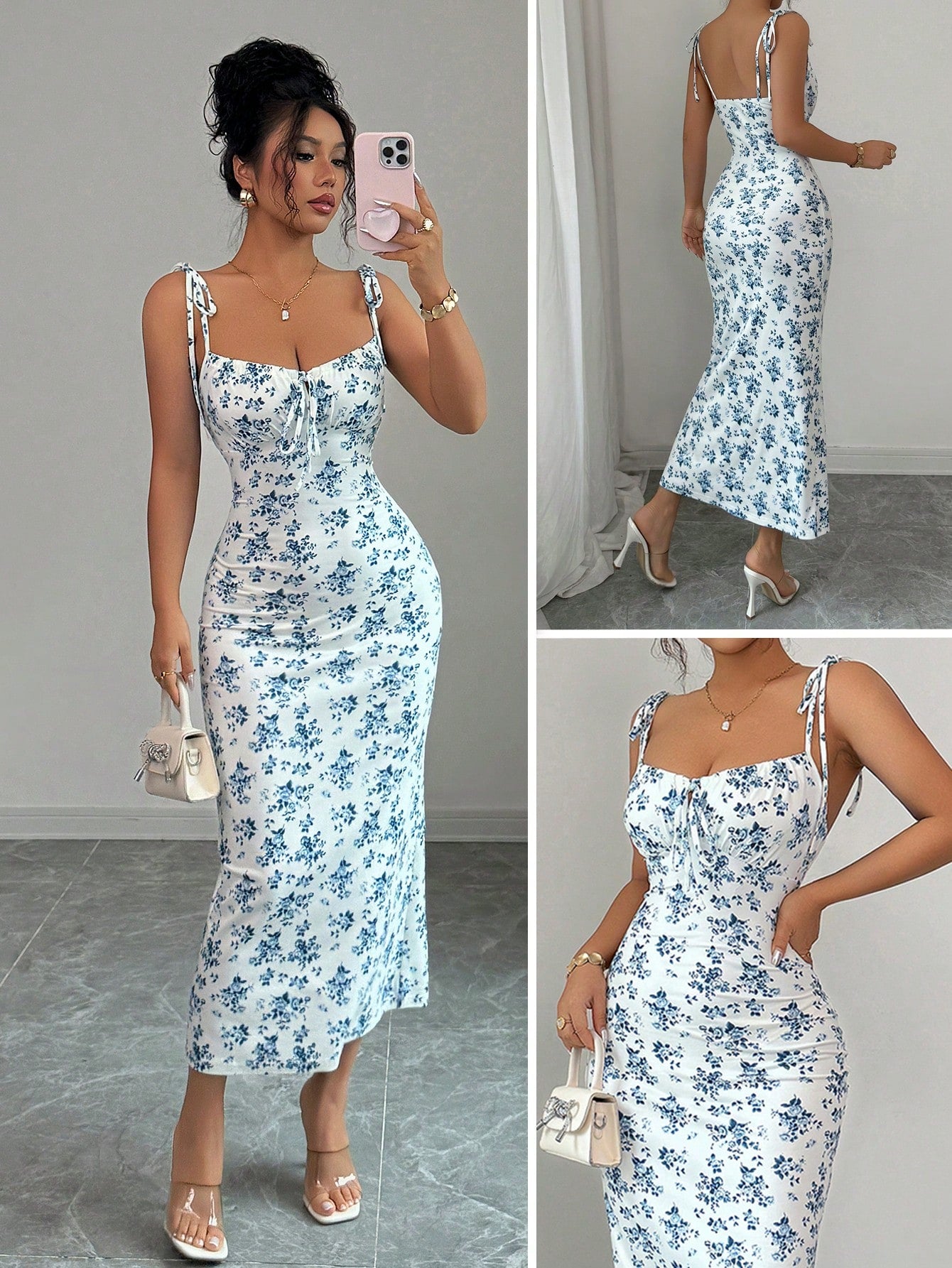 blue floral midi dress tie strap fitted summer dress women elegant slim dress