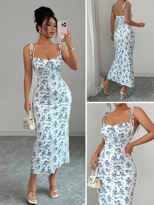 blue floral midi dress tie strap fitted summer dress women elegant slim dress