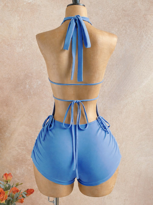 blue halter tie front romper cut out backless summer beach outfit-1