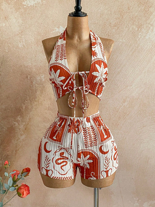 boho halter crop top and shorts set summer vacation outfit-1