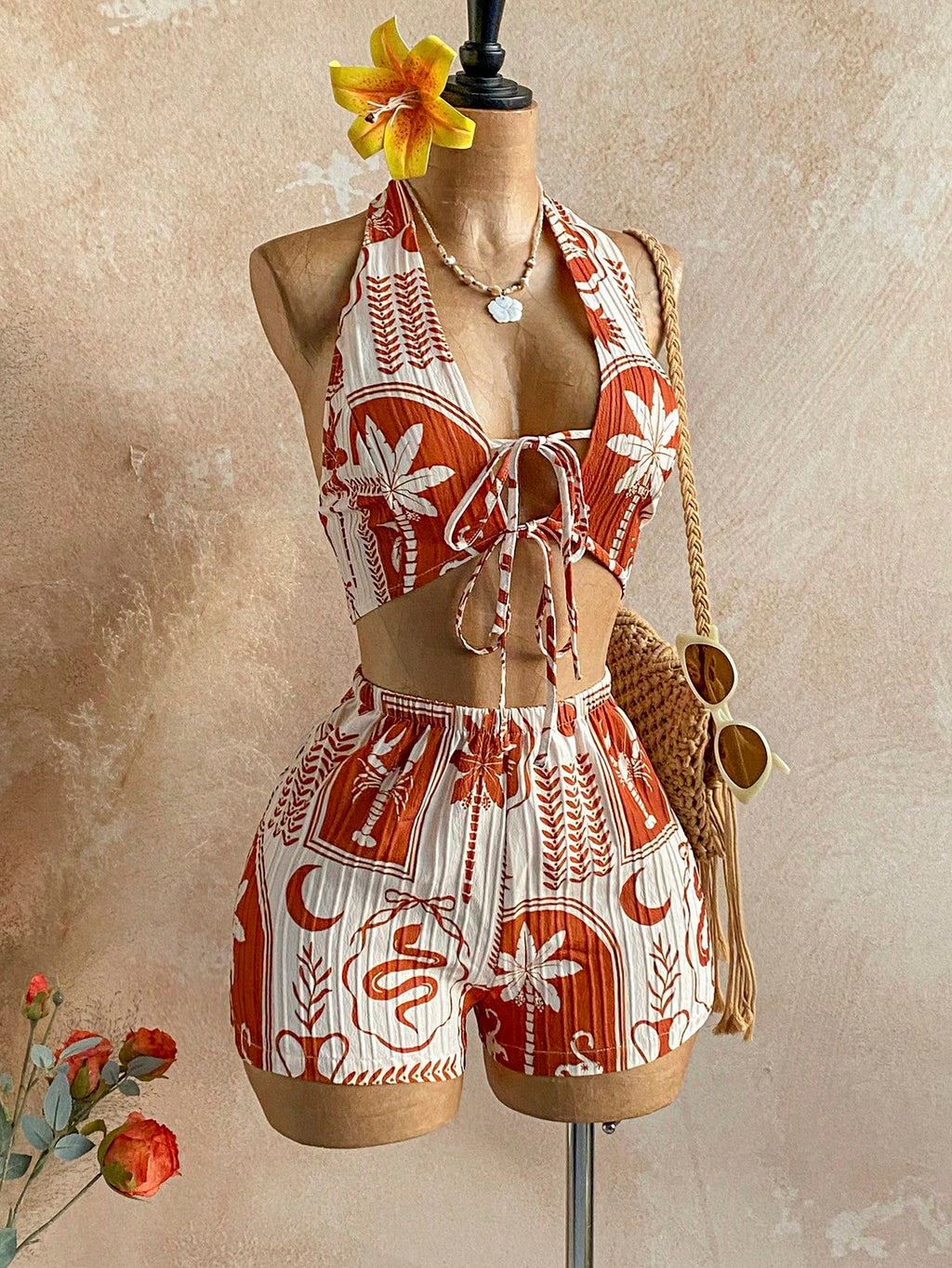 boho halter crop top and shorts set summer vacation outfit-2