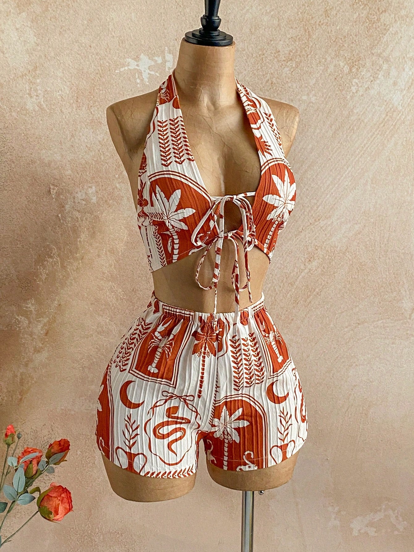 boho halter crop top and shorts set summer vacation outfit-5