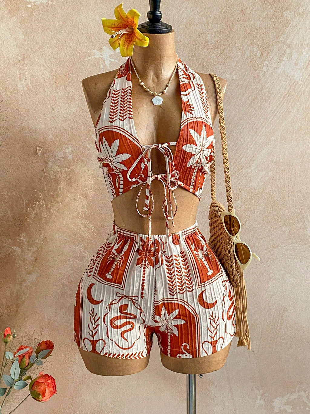 boho halter crop top and shorts set summer vacation outfit