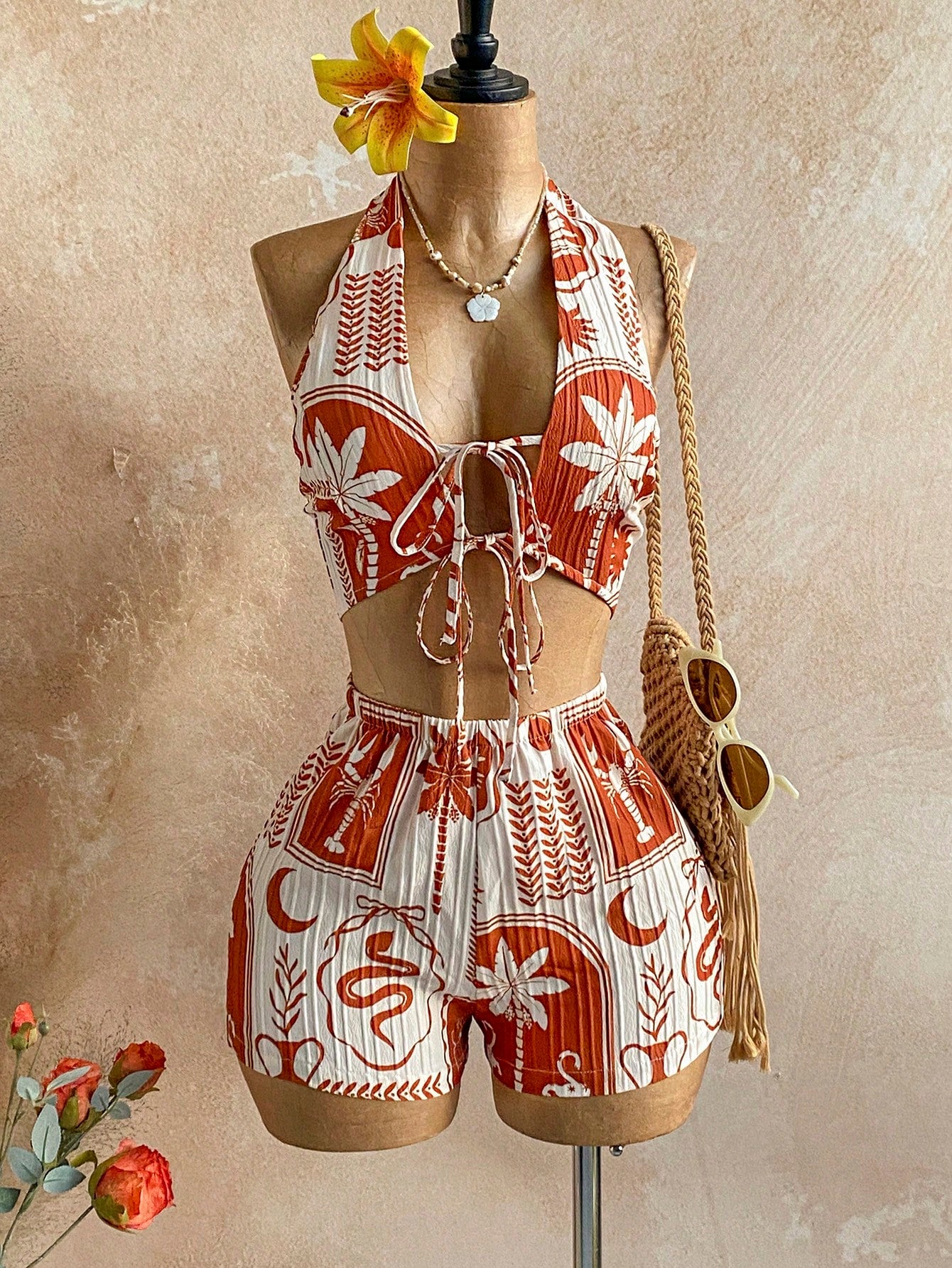 boho halter crop top and shorts set summer vacation outfit