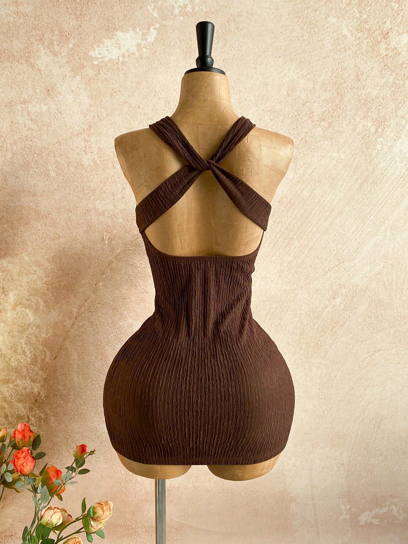 brown halter bodycon mini dress with deep v neckline-1