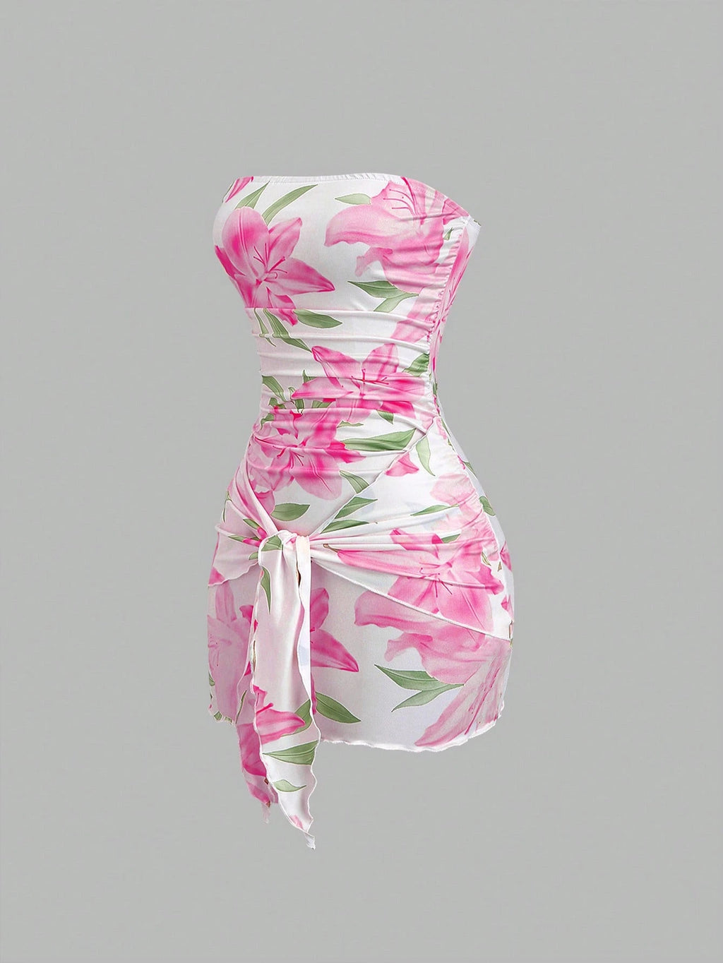 floral bodycon mini dress strapless ruched side tie dress