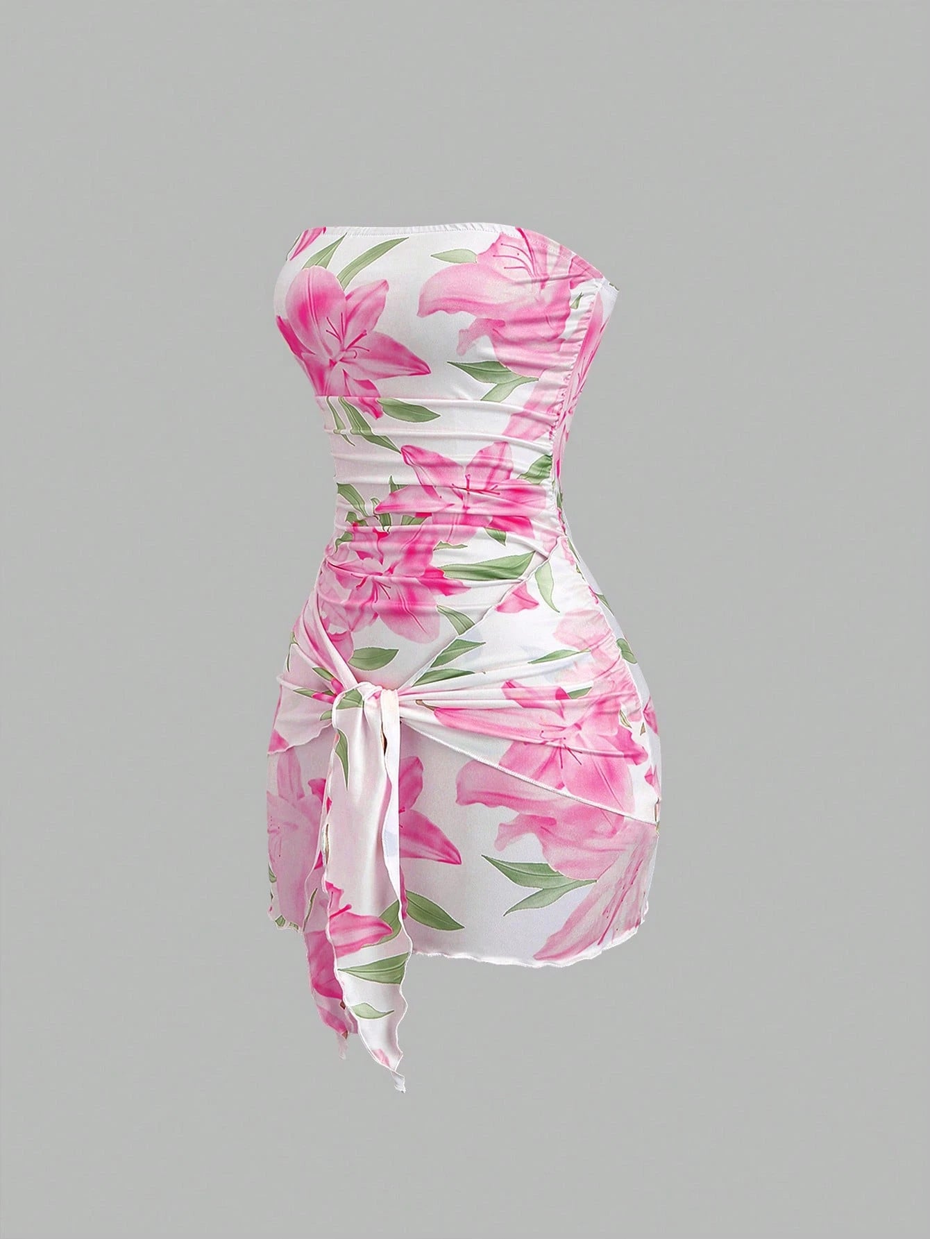 floral bodycon mini dress strapless ruched side tie dress