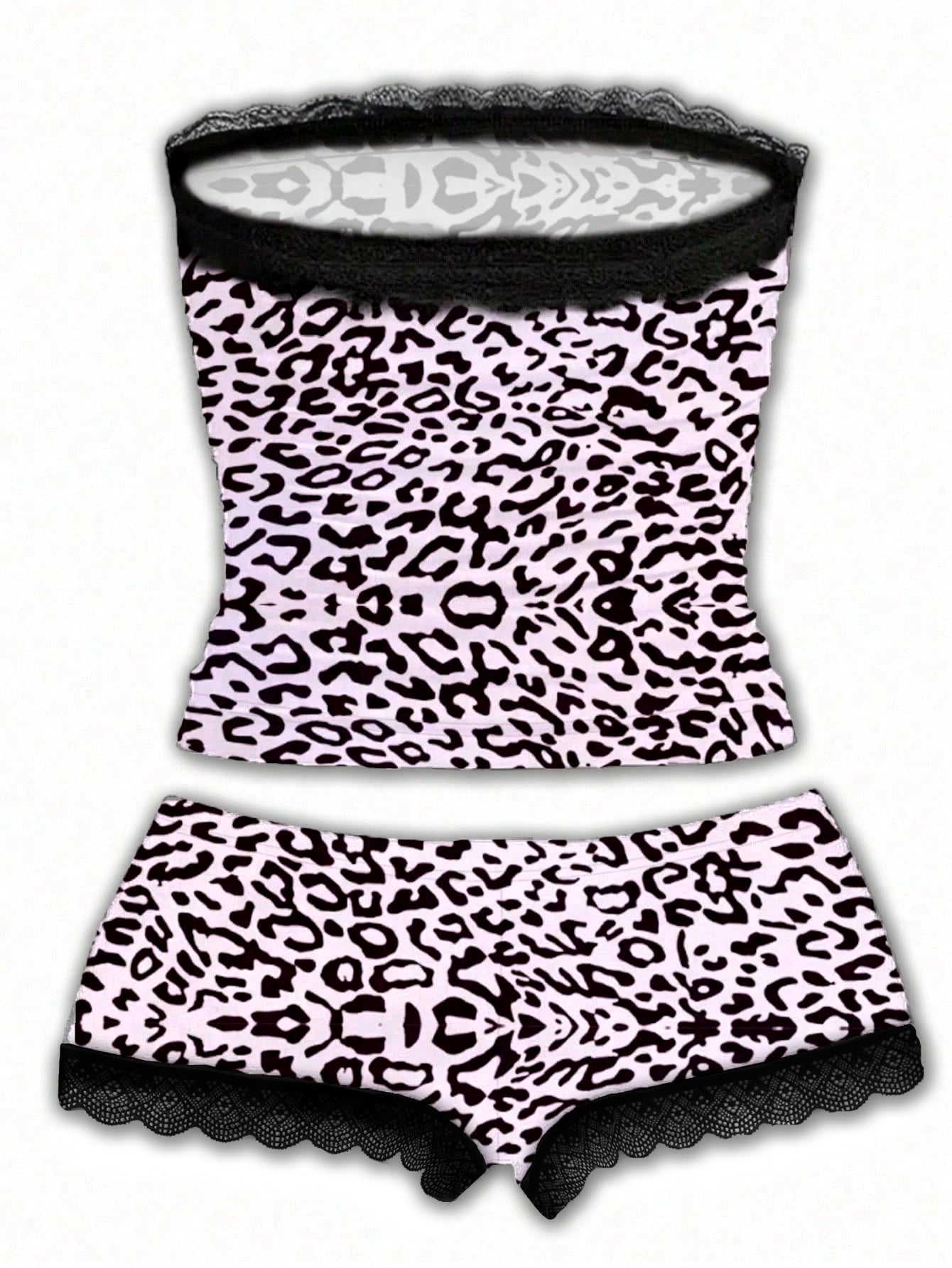 leopard print tube top and shorts set women lace trim outfit