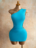 one shoulder bodycon mini dress blue cut out waist club dress