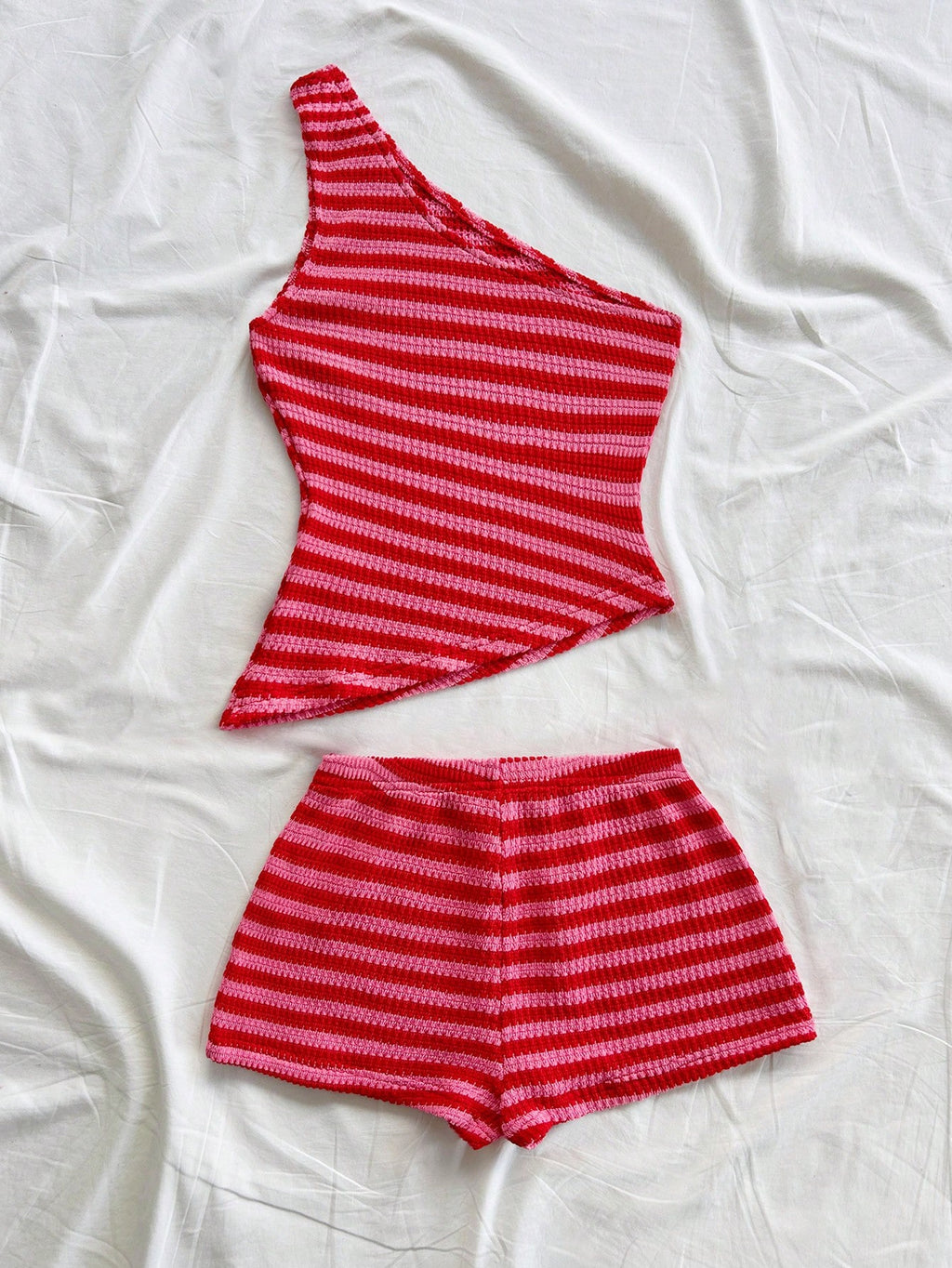 one shoulder knit top and shorts set front view-1