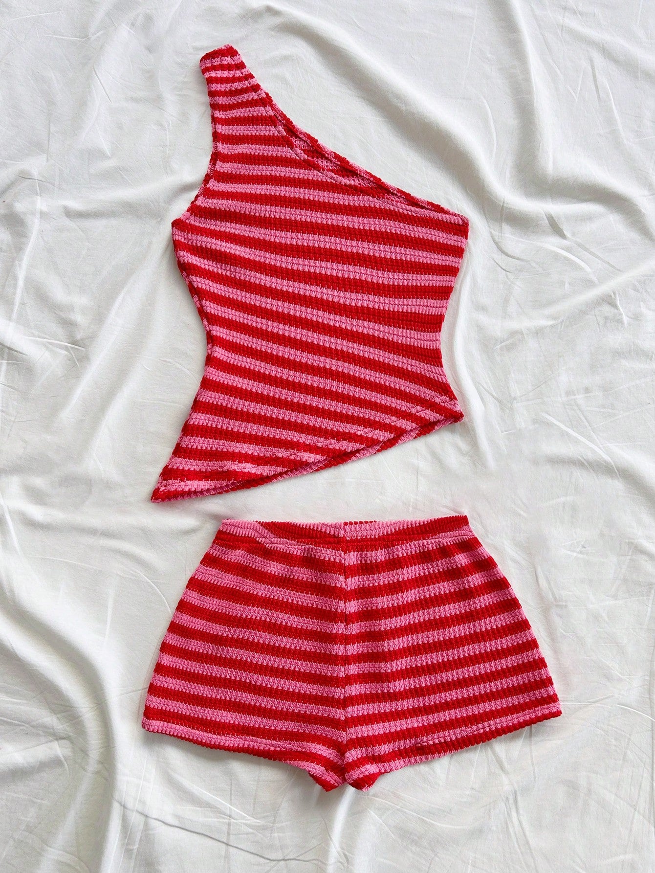 one shoulder knit top and shorts set front view-1