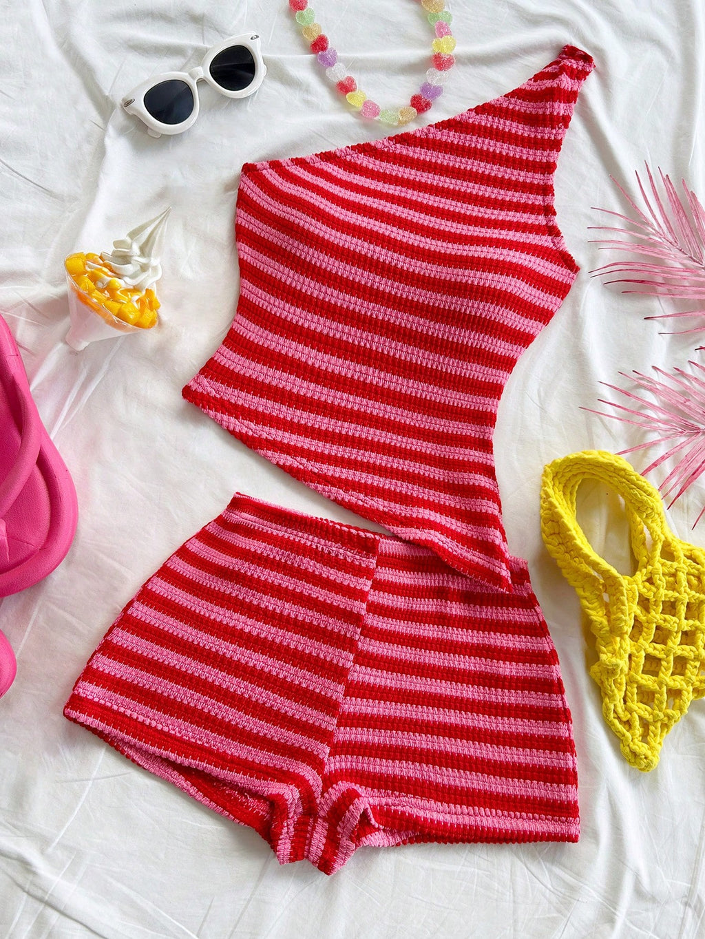 one shoulder knit top and shorts set front view-2