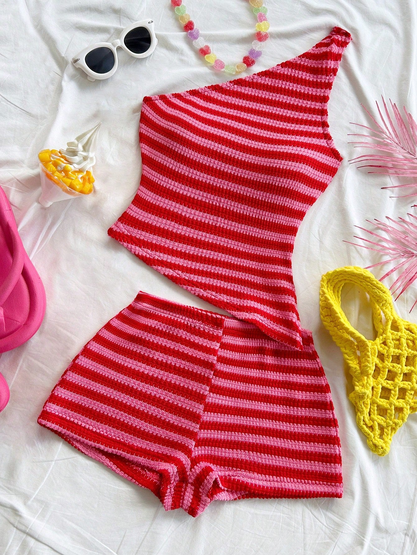 one shoulder knit top and shorts set front view-2