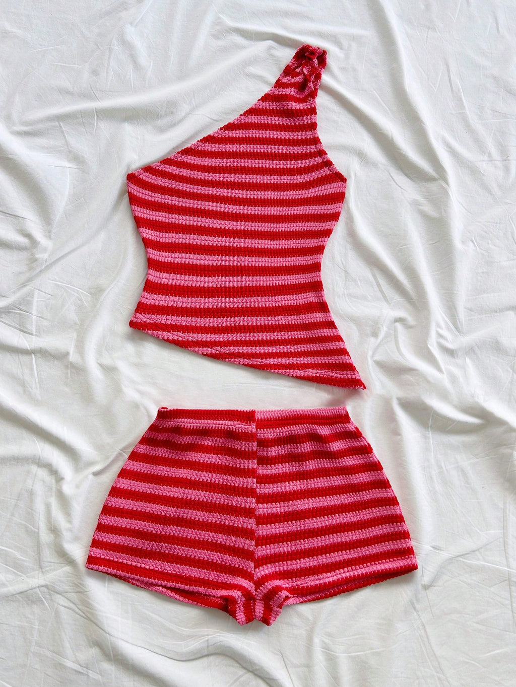 one shoulder knit top and shorts set front view-3