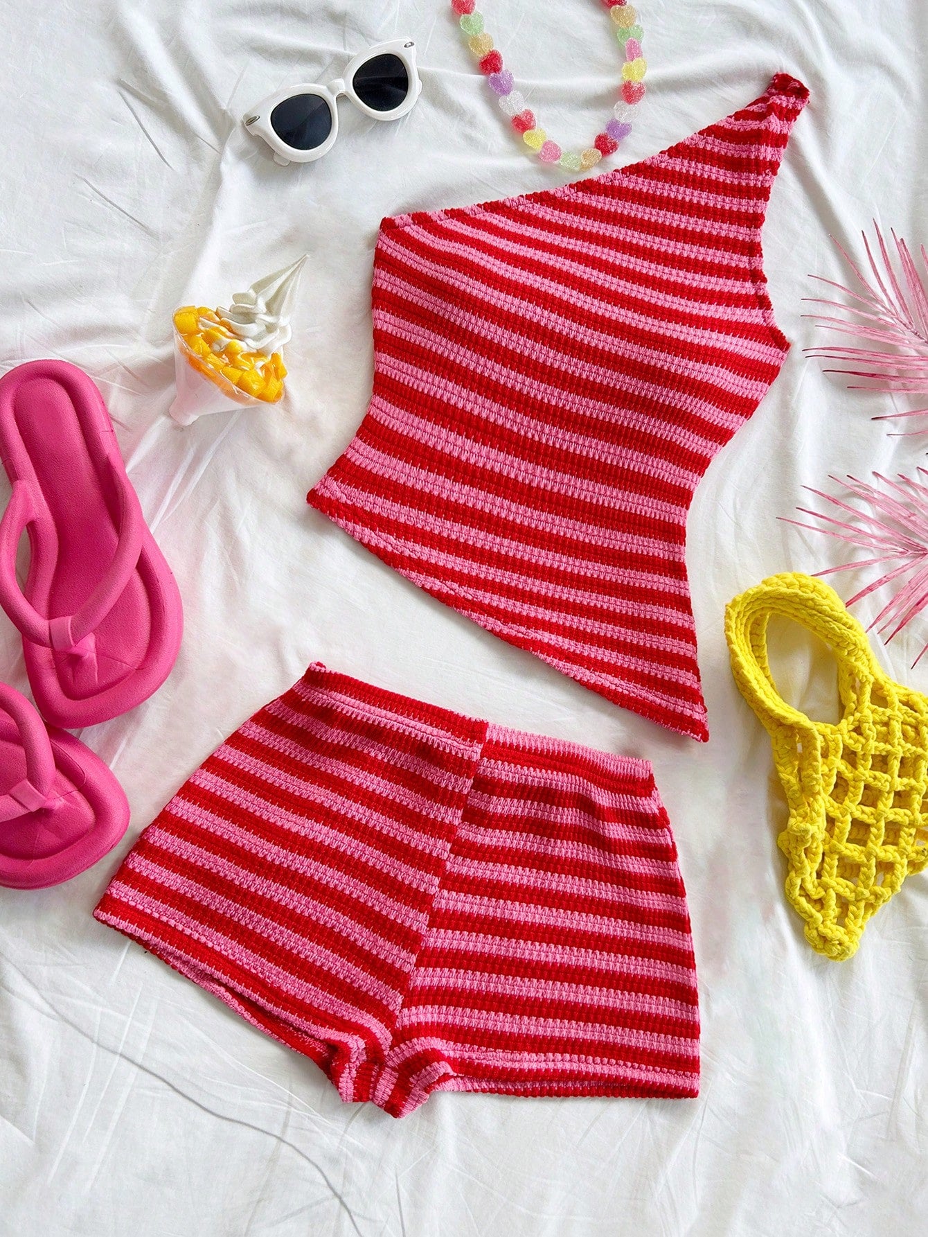 one shoulder knit top and shorts set front view-5