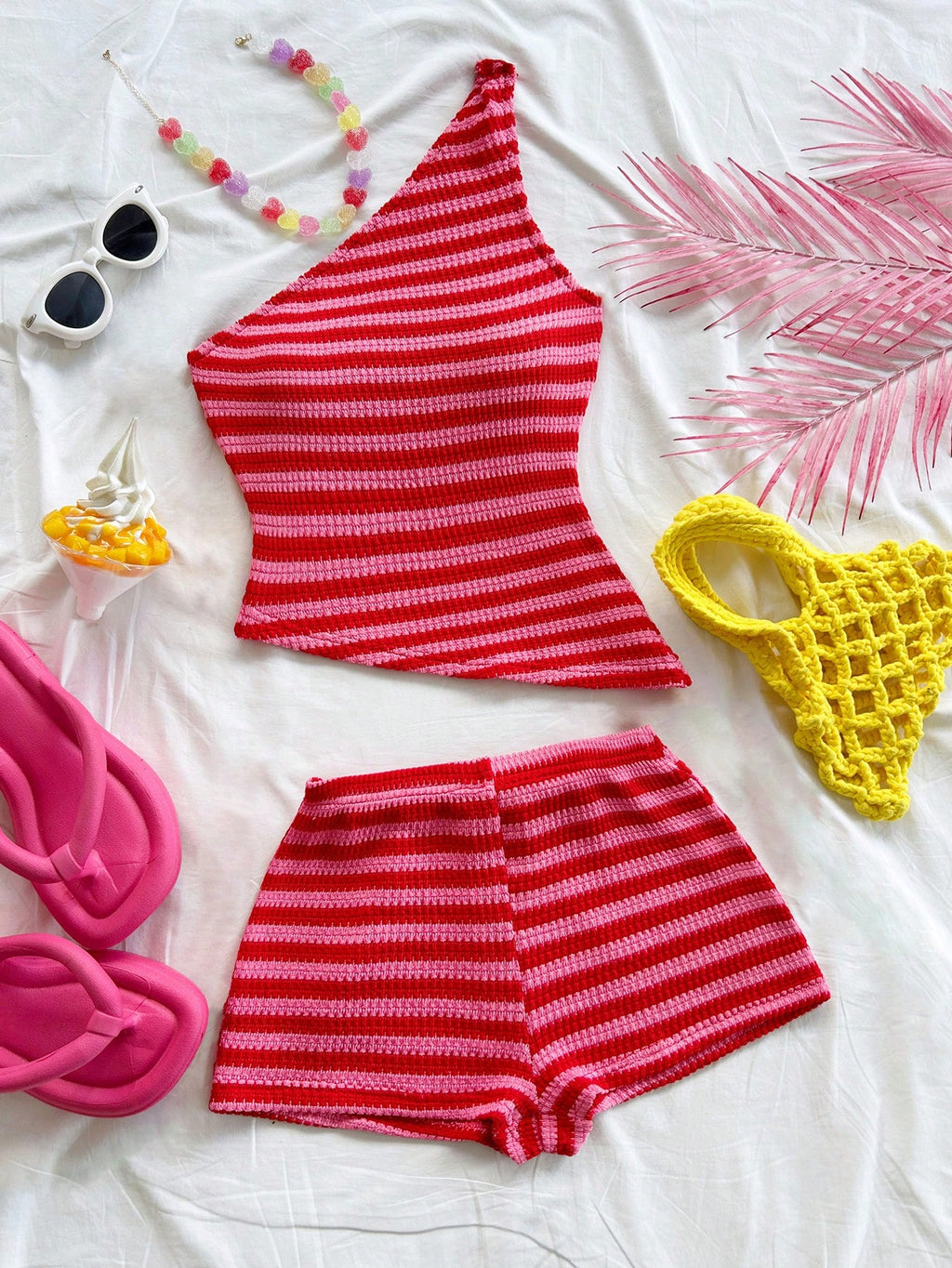 one shoulder knit top and shorts set front view-6