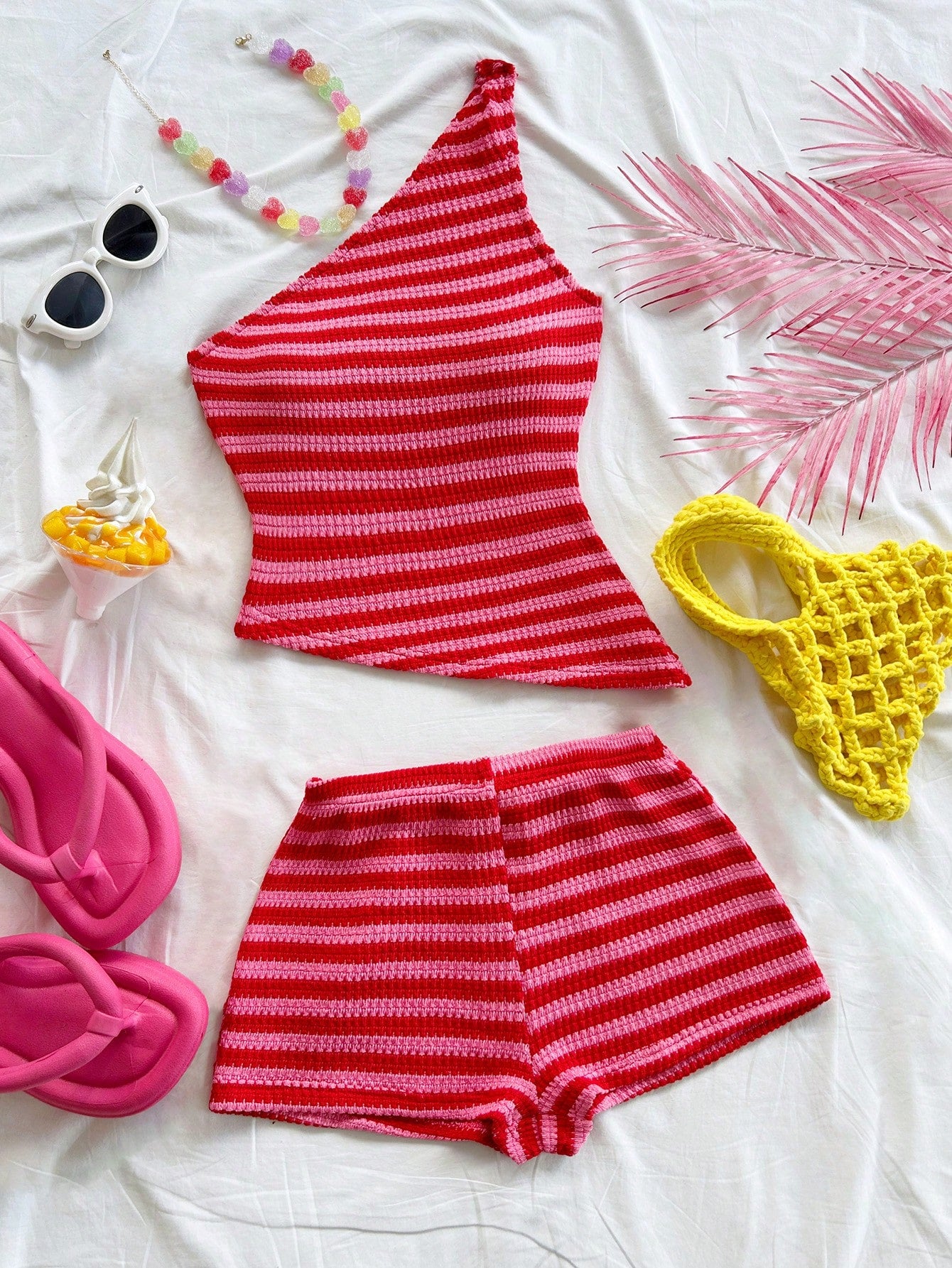 one shoulder knit top and shorts set front view-6