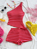 one shoulder knit top and shorts set front view