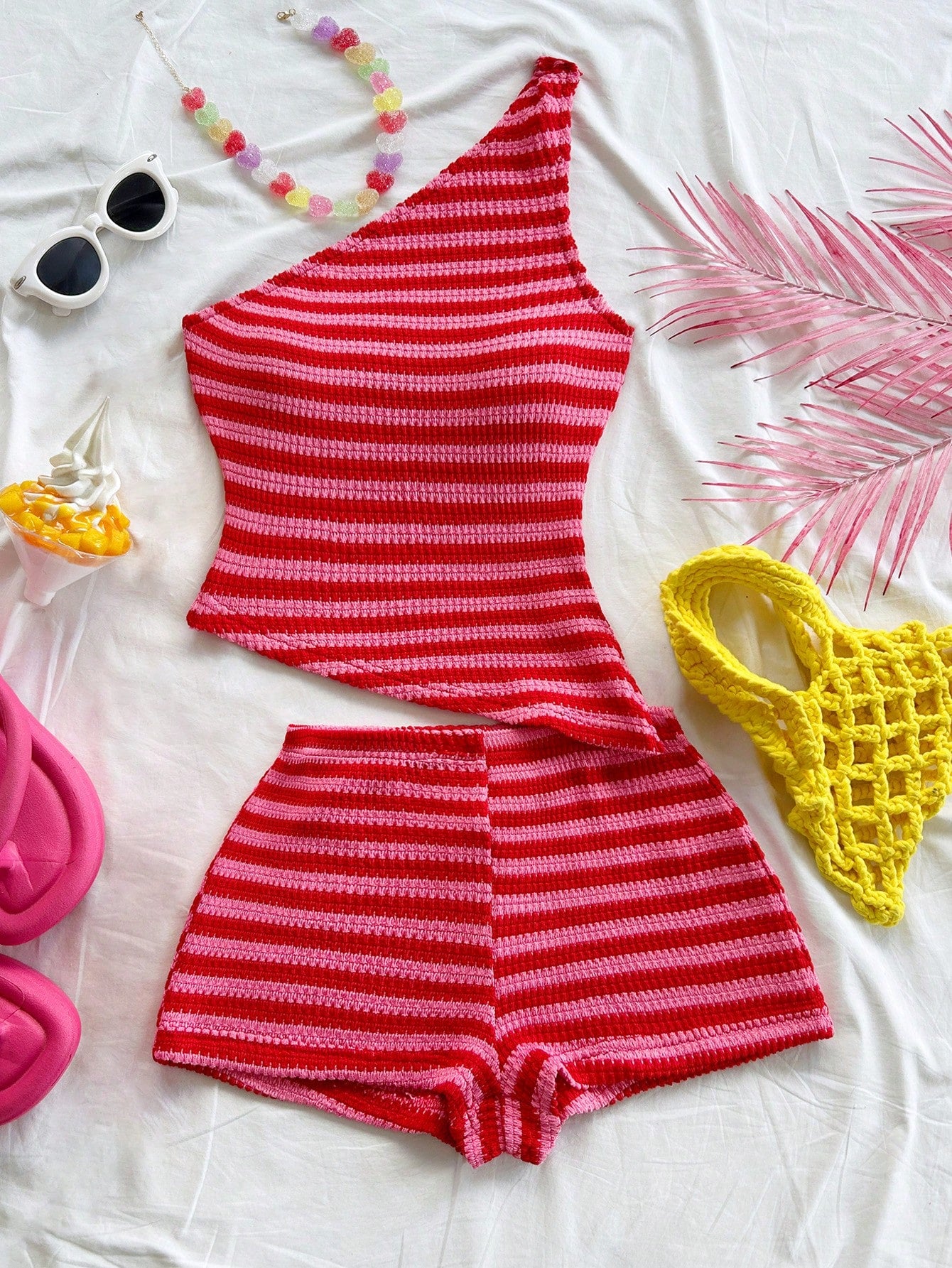 one shoulder knit top and shorts set front view
