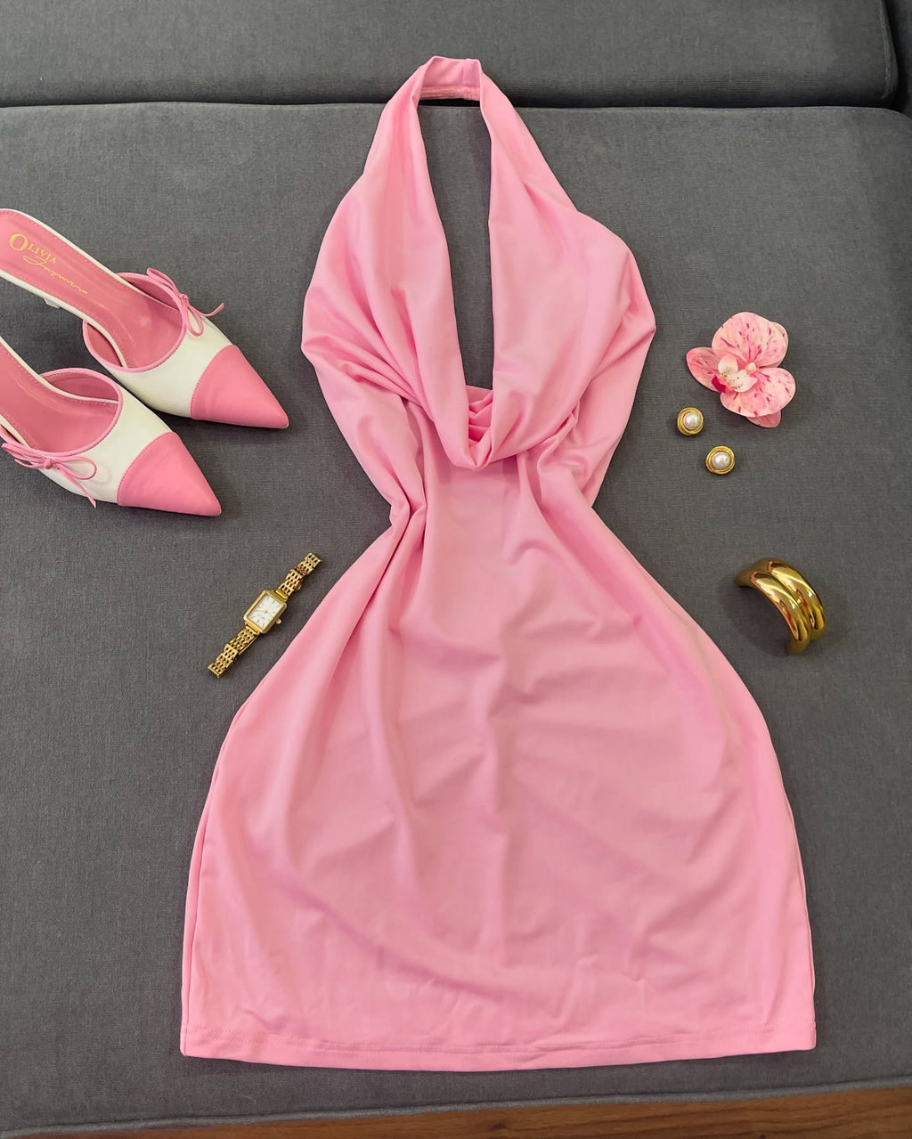 pink halter bodycon mini dress with twist front-1