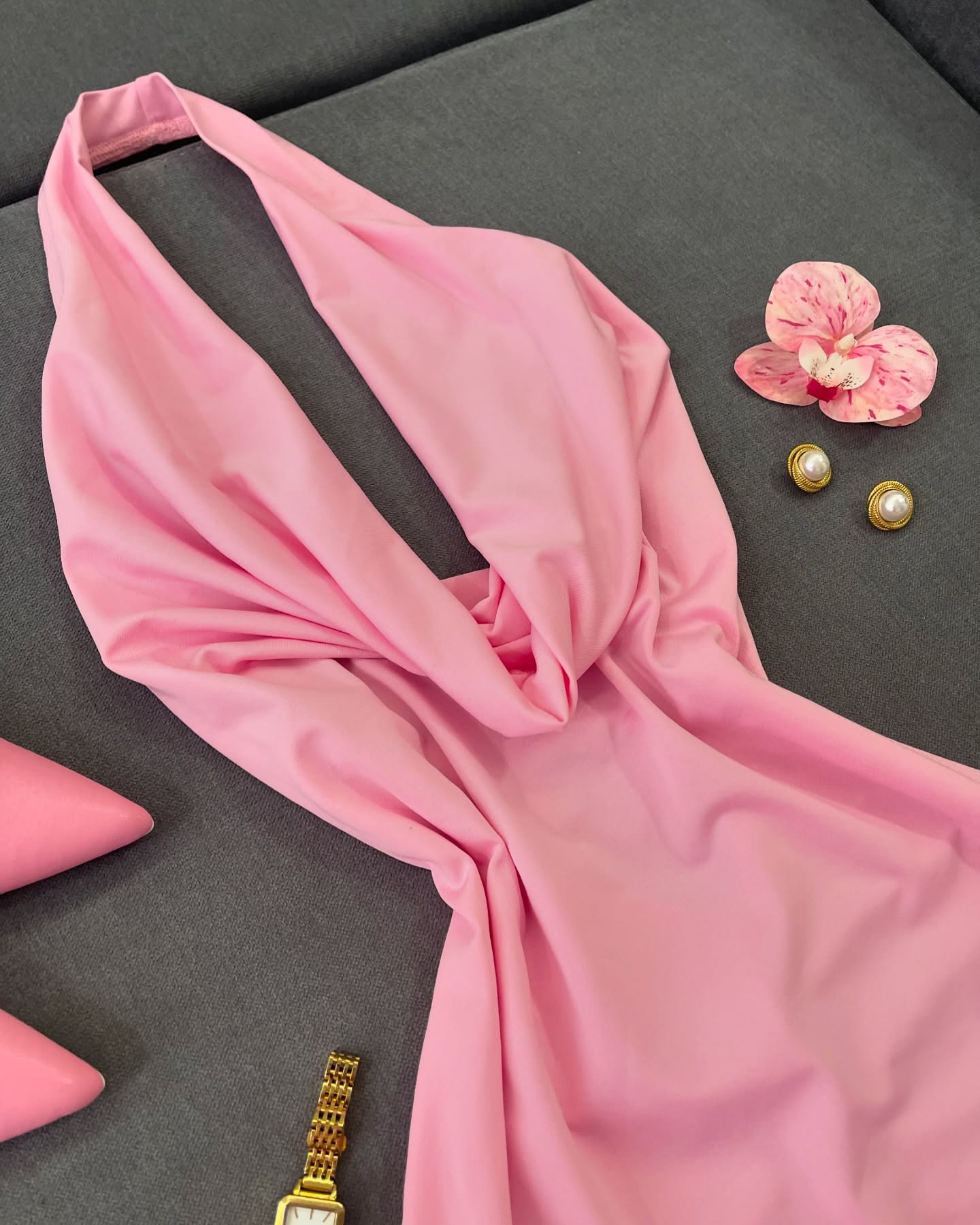 pink halter bodycon mini dress with twist front-4