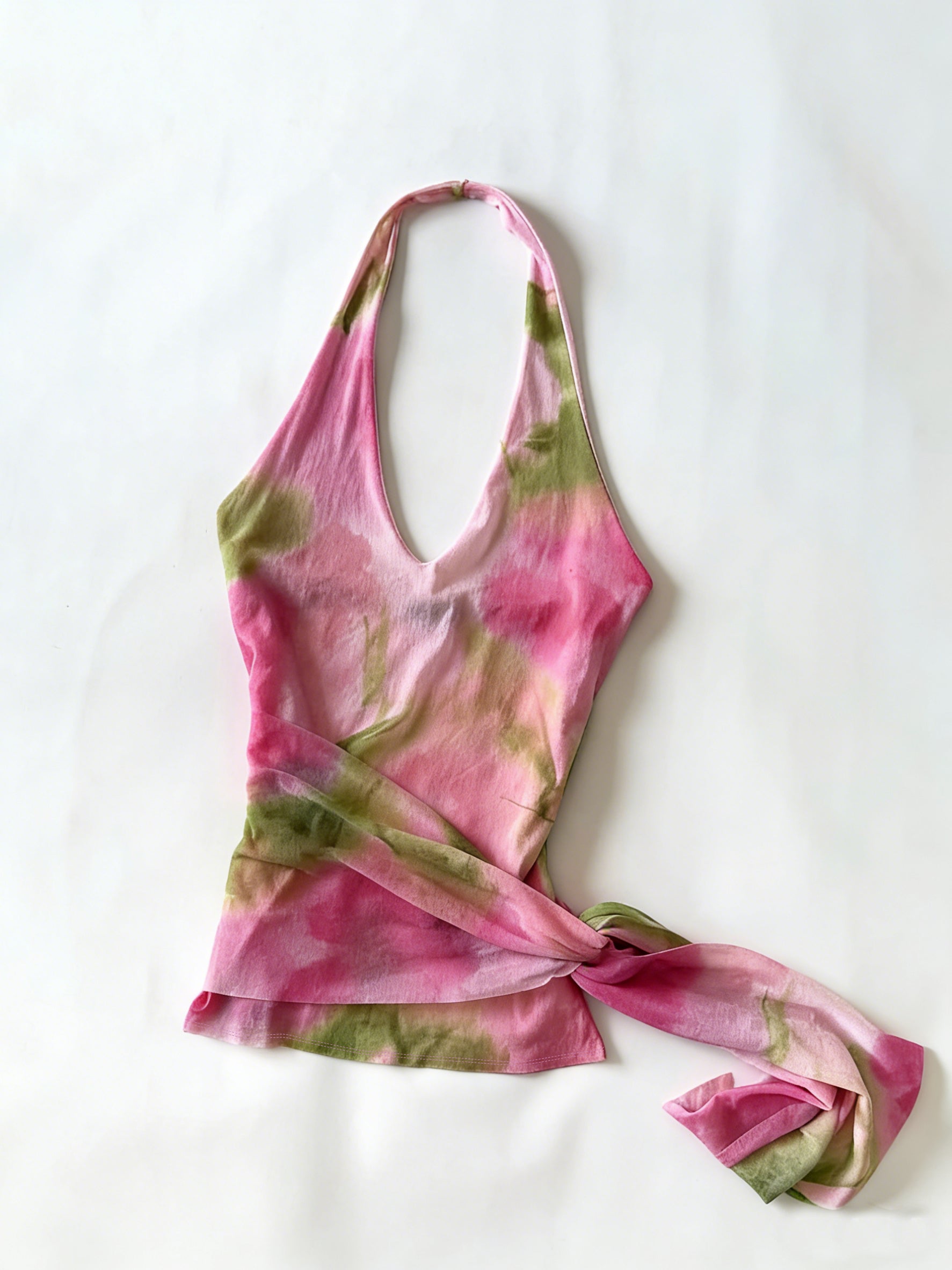 pink tie dye halter top wrap tie backless summer sexy crop top