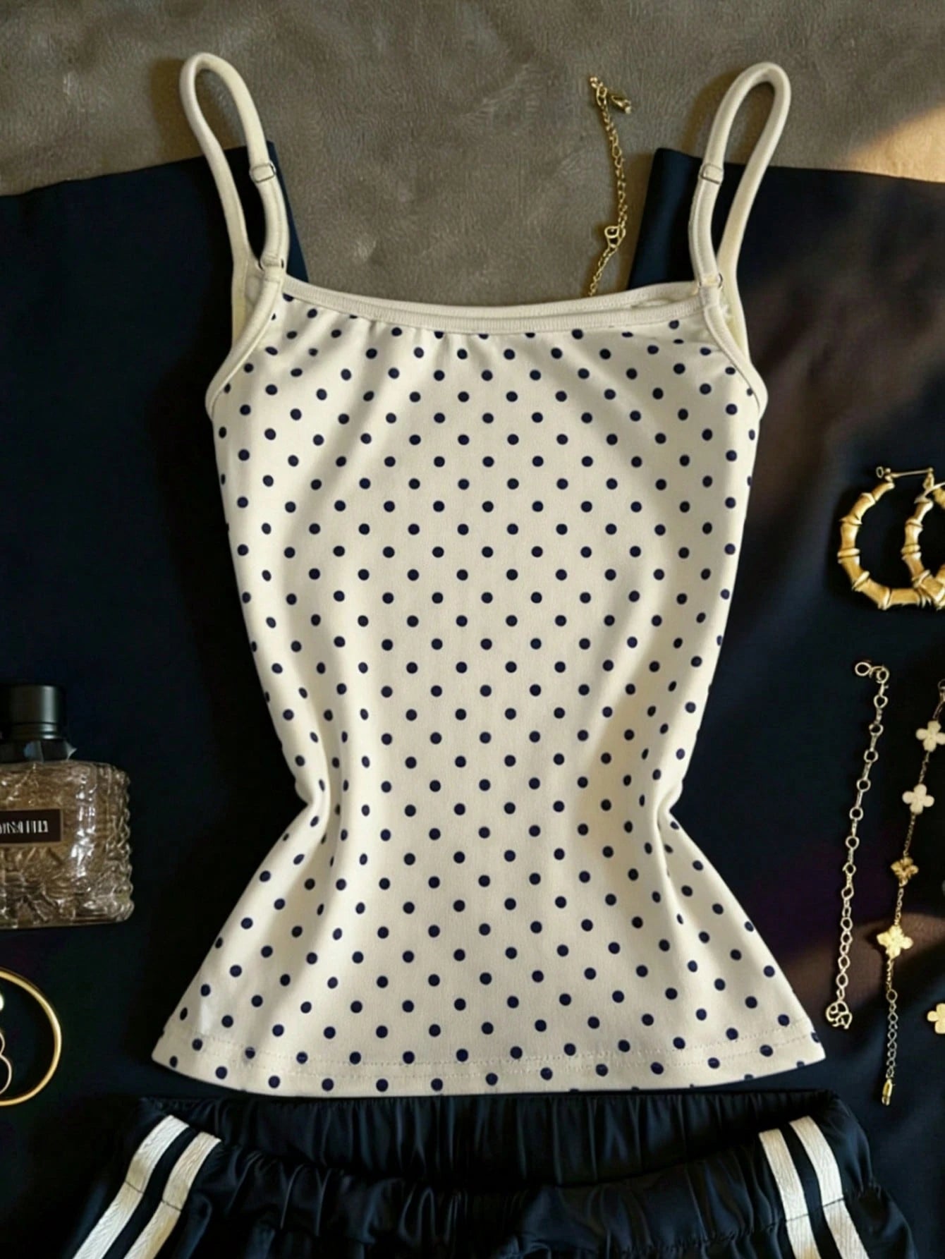 polka dot spaghetti strap cami top front view-1