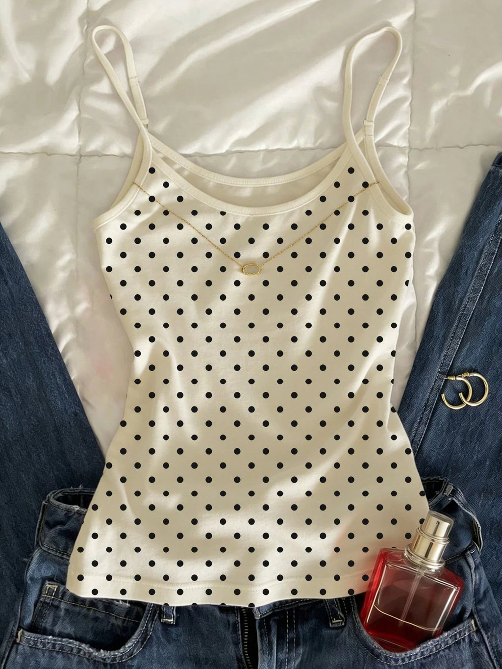 polka dot spaghetti strap cami top front view