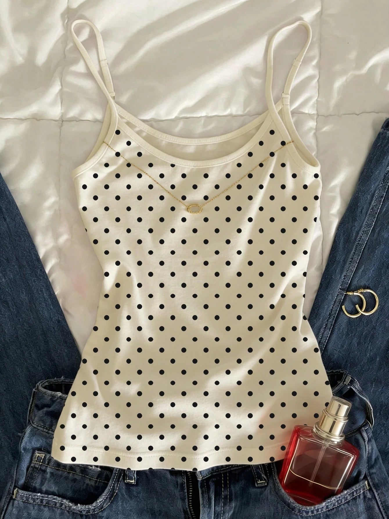 polka dot spaghetti strap cami top front view