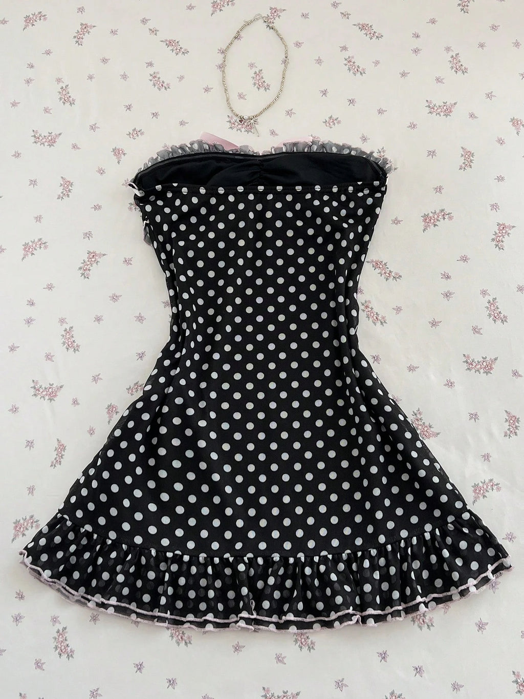 polka dot strapless mini dress with pink bow ruffle hem summer dress-1