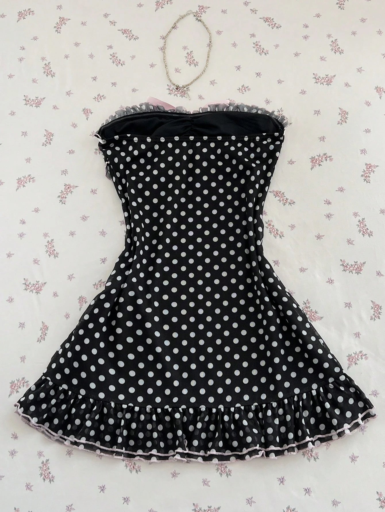 polka dot strapless mini dress with pink bow ruffle hem summer dress-1