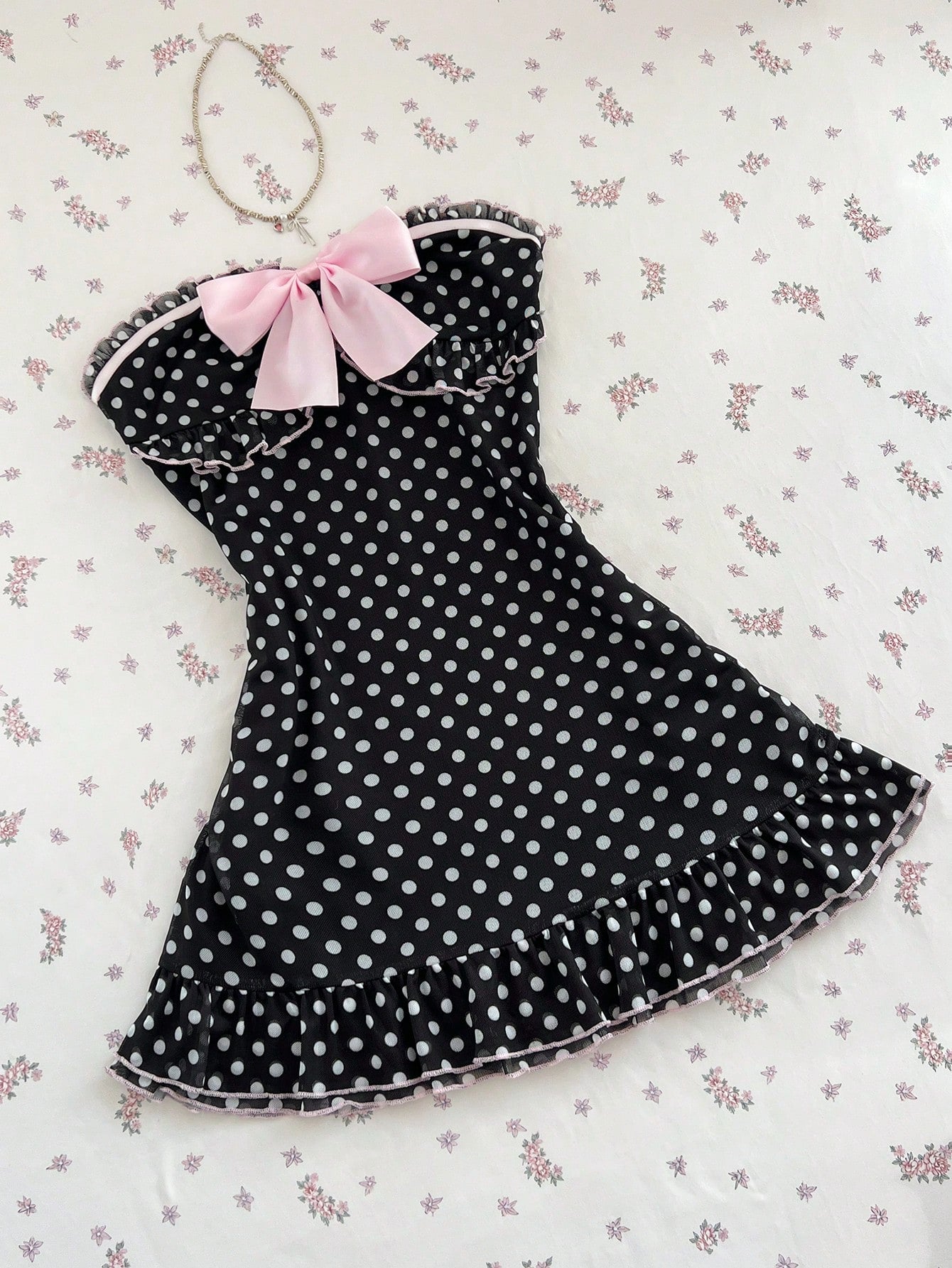 polka dot strapless mini dress with pink bow ruffle hem summer dress-2