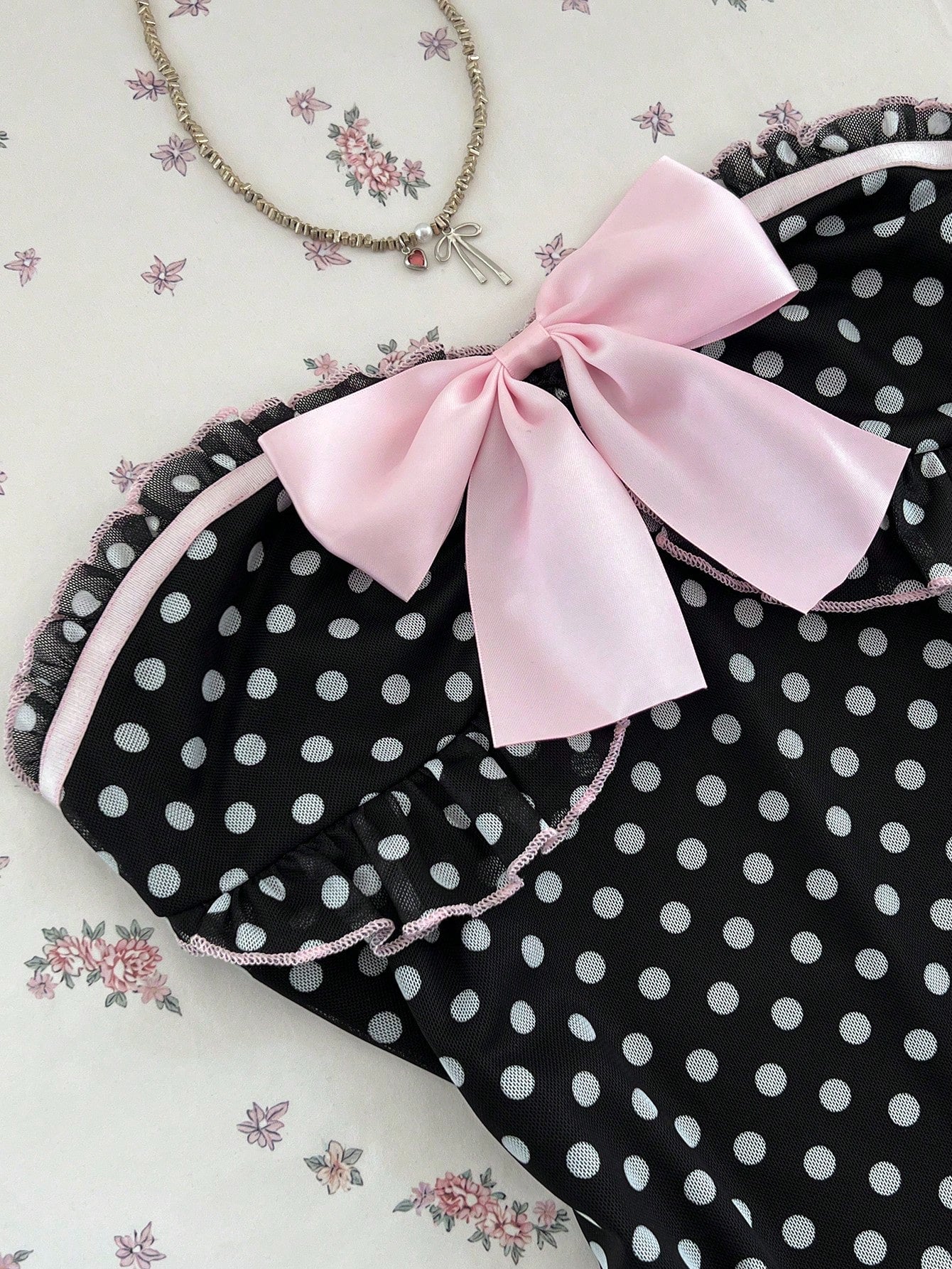 polka dot strapless mini dress with pink bow ruffle hem summer dress-3