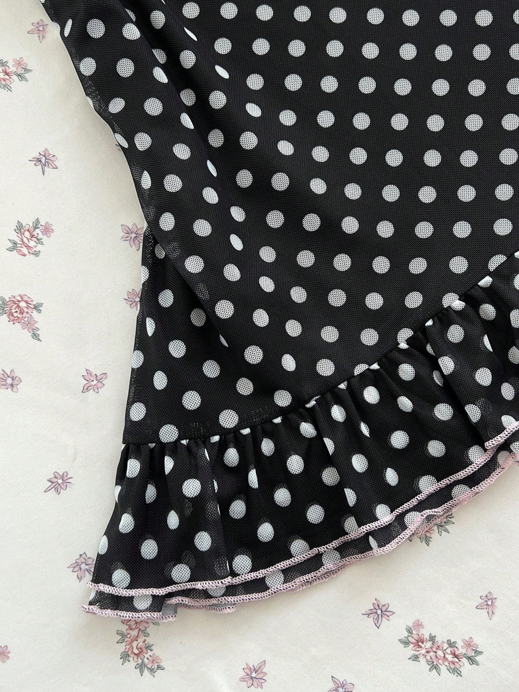 polka dot strapless mini dress with pink bow ruffle hem summer dress-4