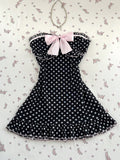 polka dot strapless mini dress with pink bow ruffle hem summer dress