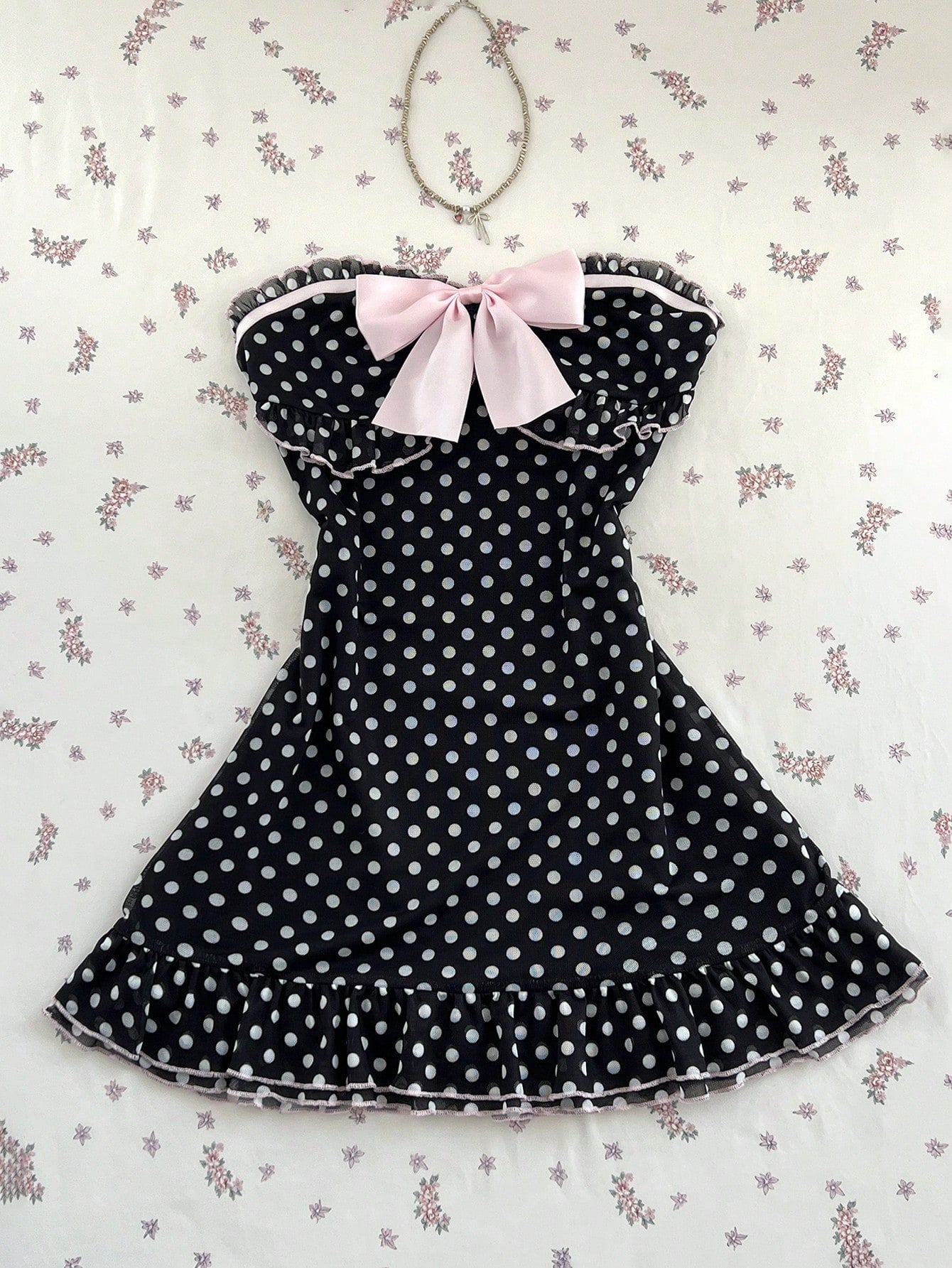 polka dot strapless mini dress with pink bow ruffle hem summer dress
