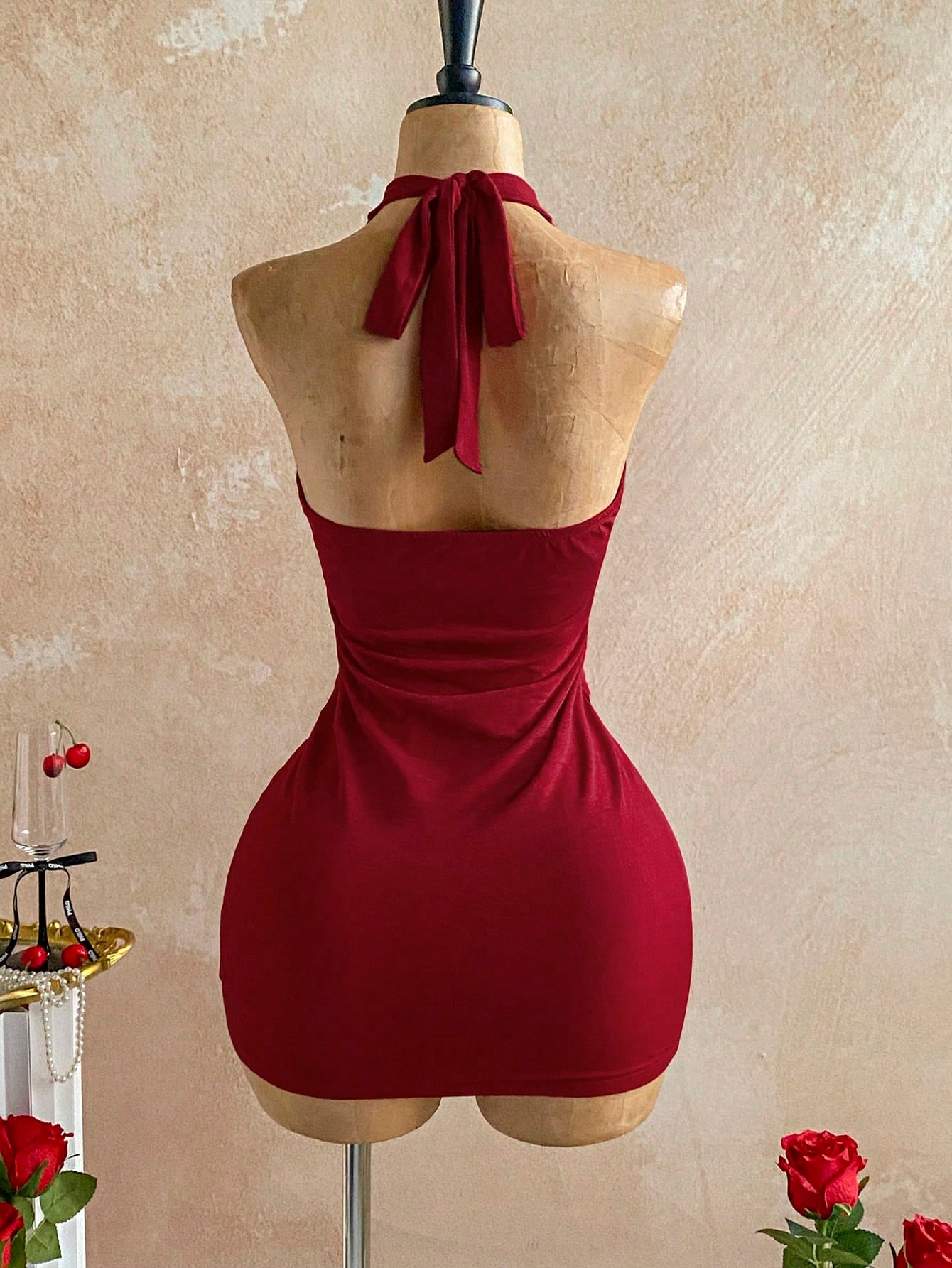 red halter bodycon mini dress with heart cutout sexy party dress-4