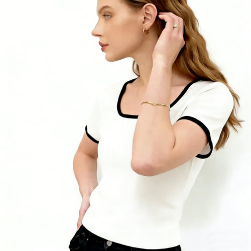 square neck contrast trim short sleeve t shirt-1