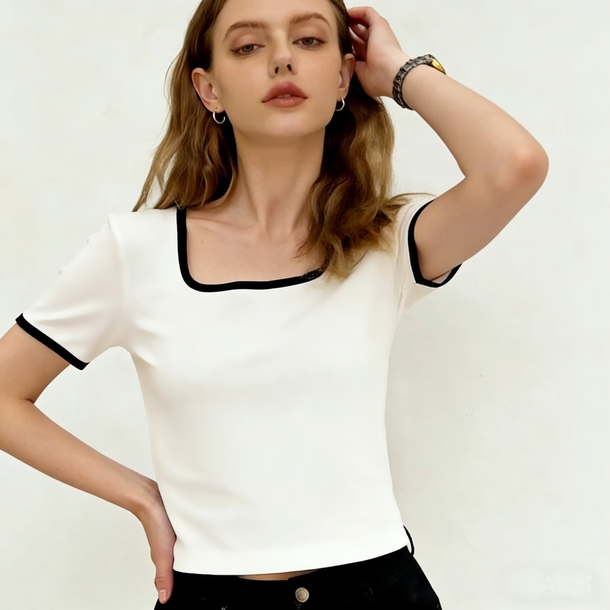 square neck contrast trim short sleeve t shirt-3
