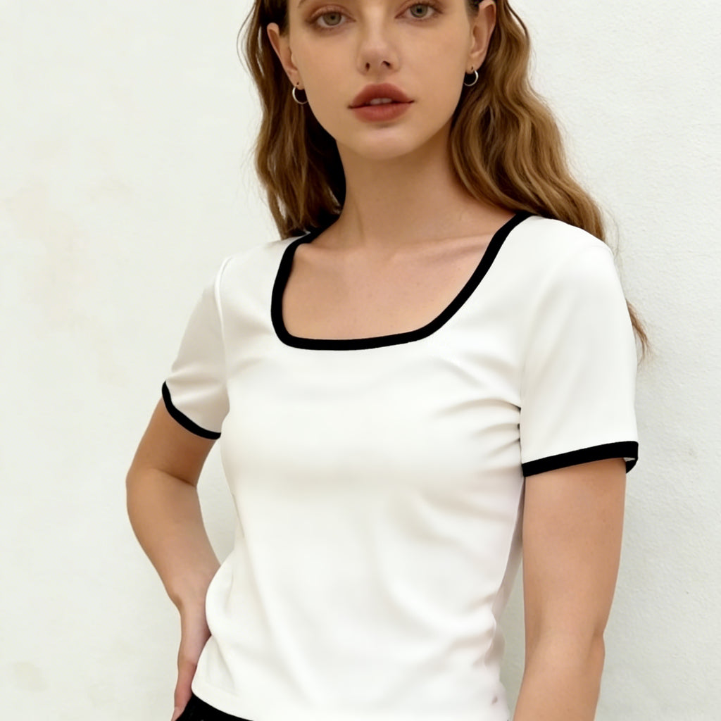square neck contrast trim short sleeve t shirt-4