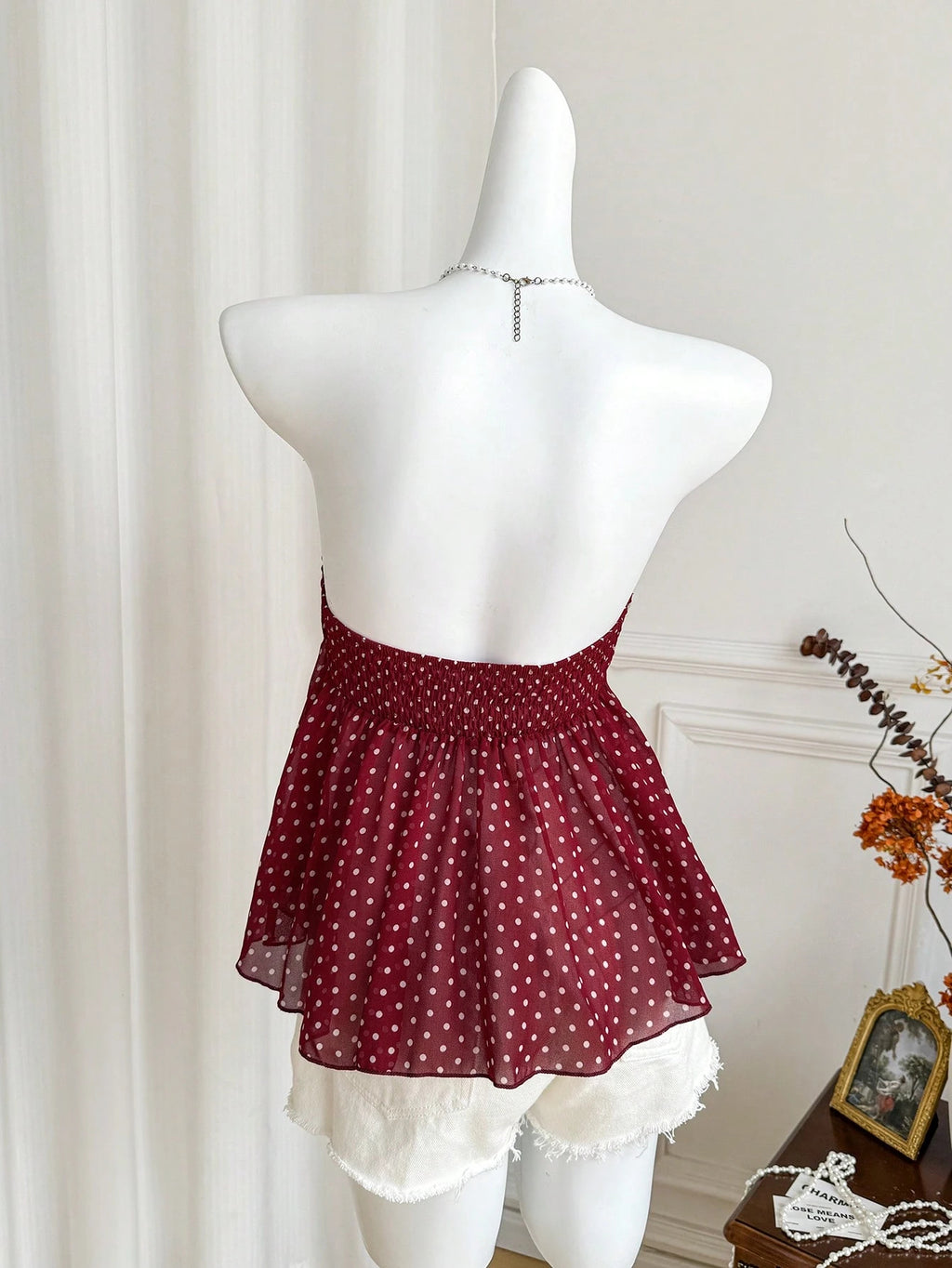 strapless polka dot bow front chiffon top-1