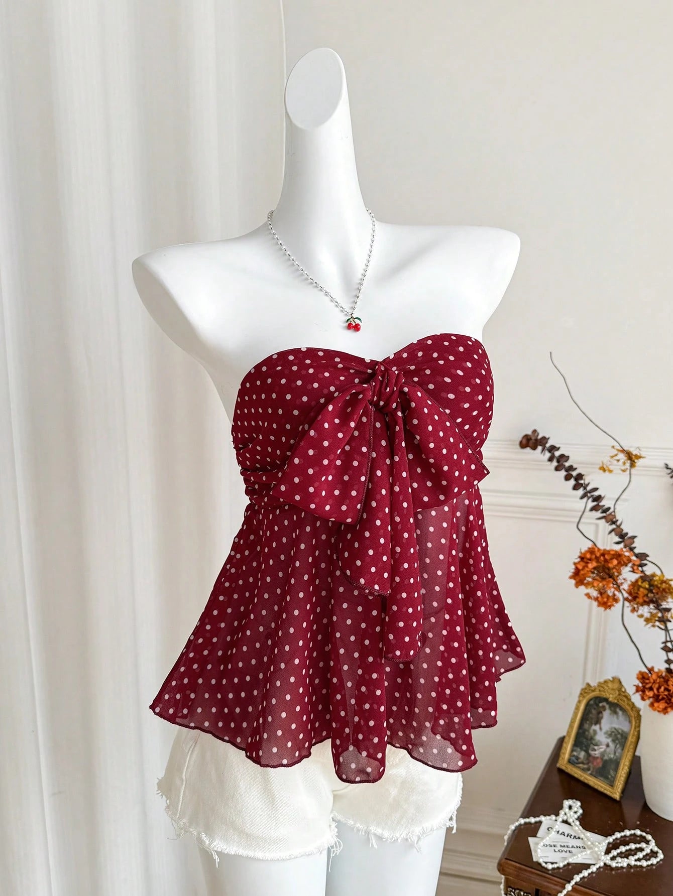 strapless polka dot bow front chiffon top-3