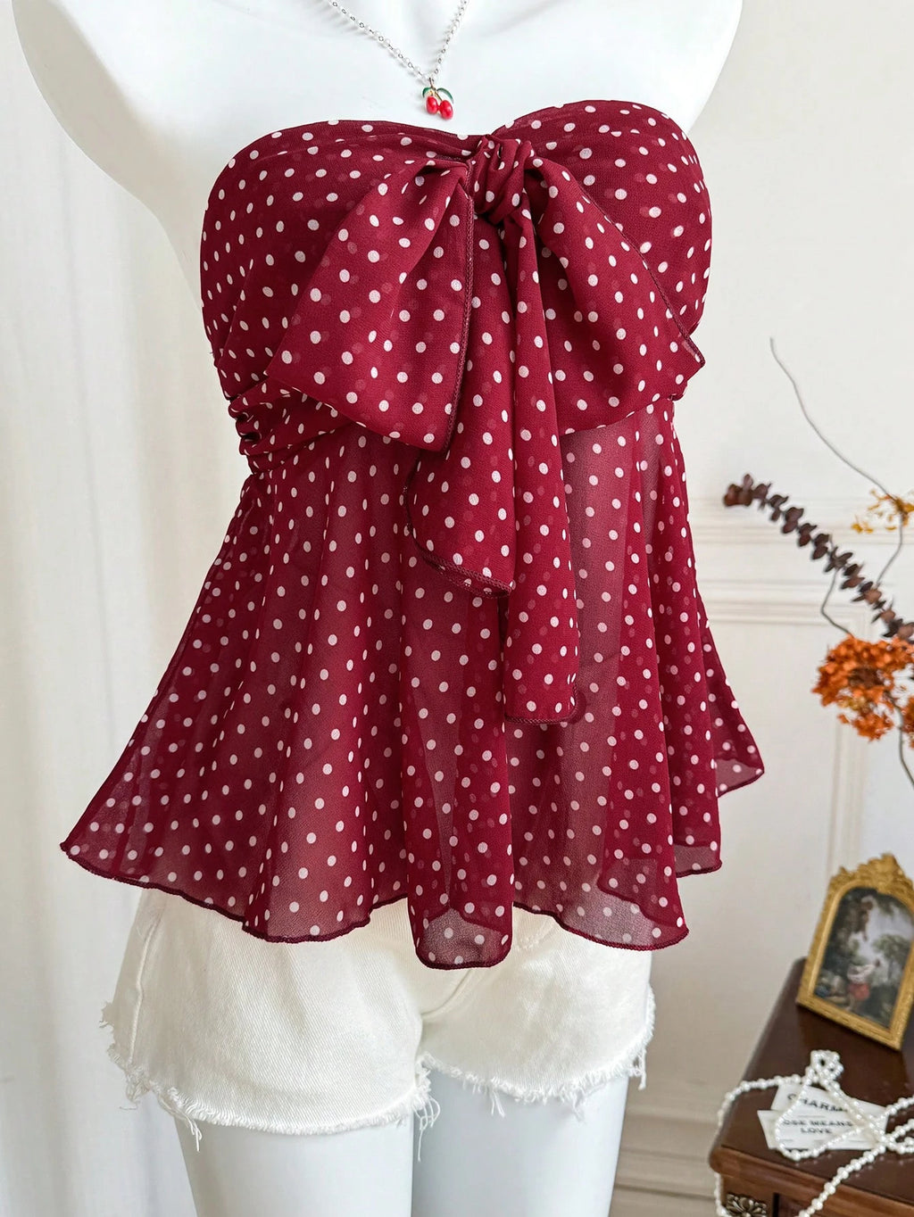 strapless polka dot bow front chiffon top-4