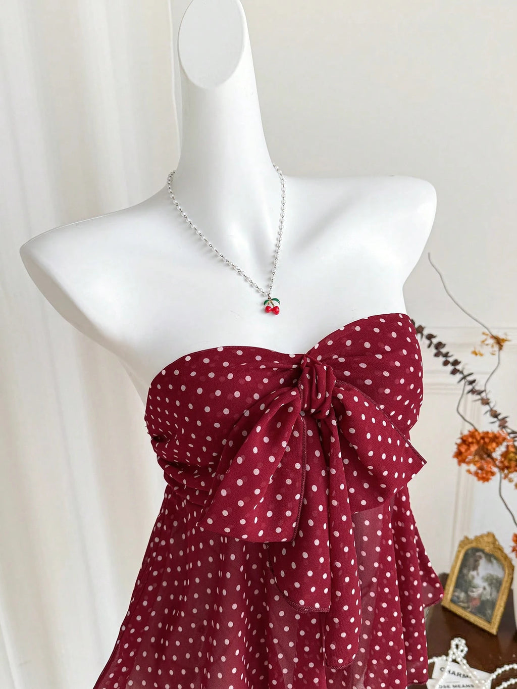 strapless polka dot bow front chiffon top-5